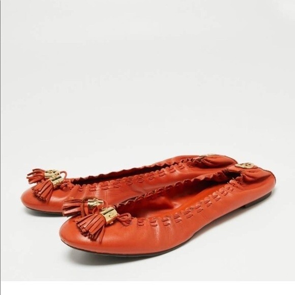 Tory Burch Orange Leather Tassel Scrunch Ballet Flats Size 7 - Picture 1 of 11